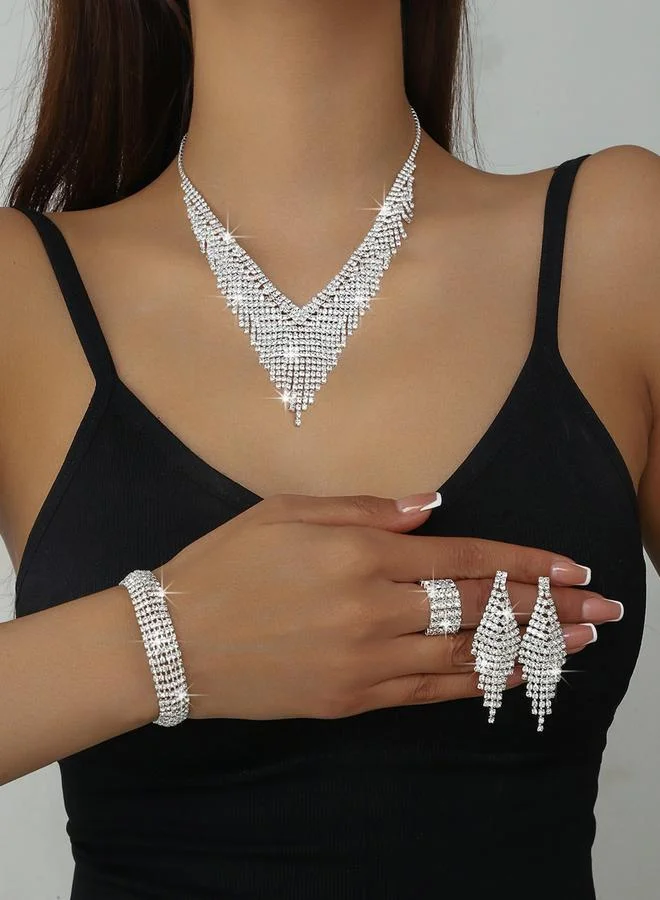 تايك تو طقم مجوهرات أربع قطع عقد وسوار وخاتم وأقراط مزين